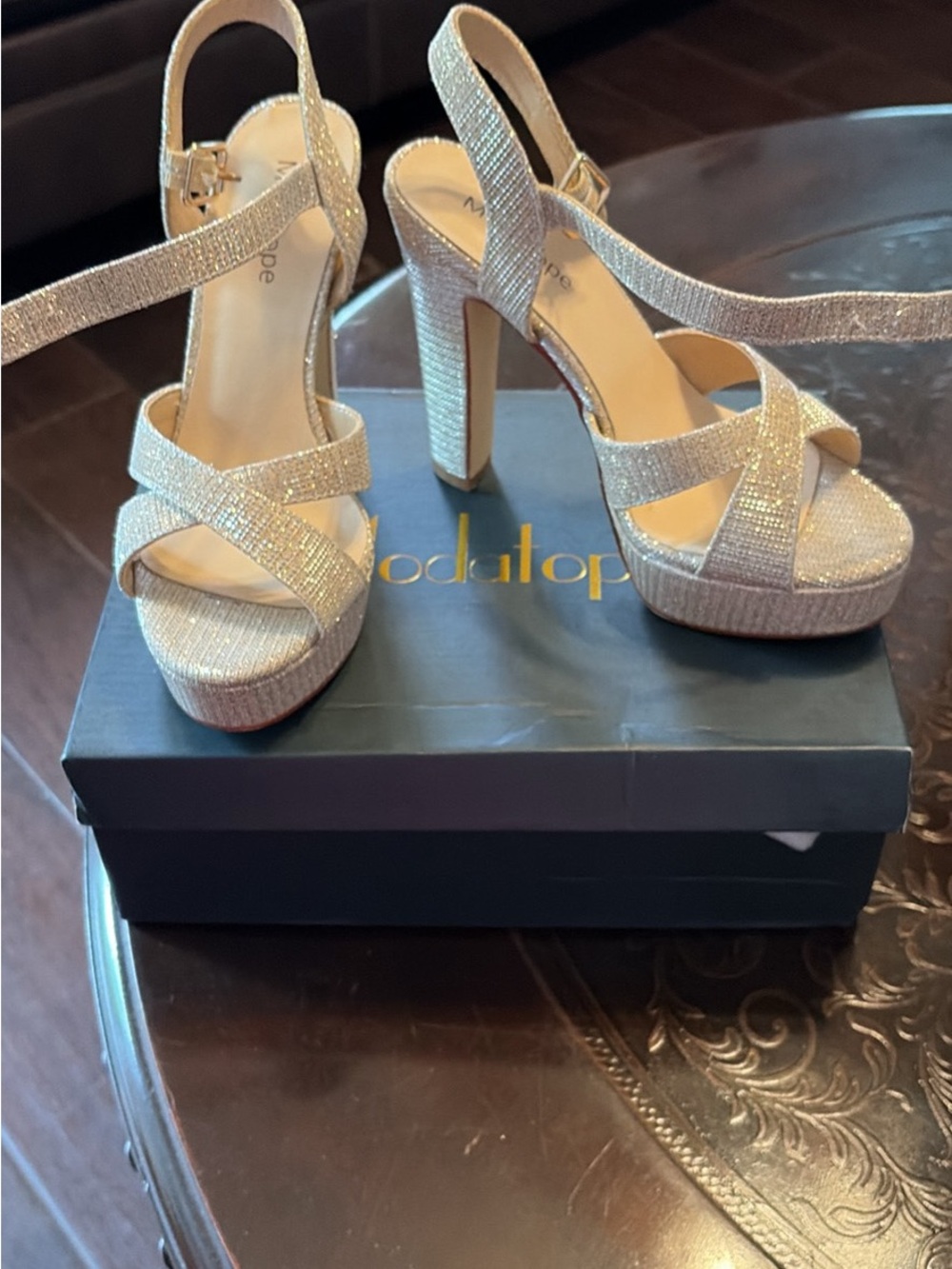 Glitter Platform Block Heel Sandals in Gold